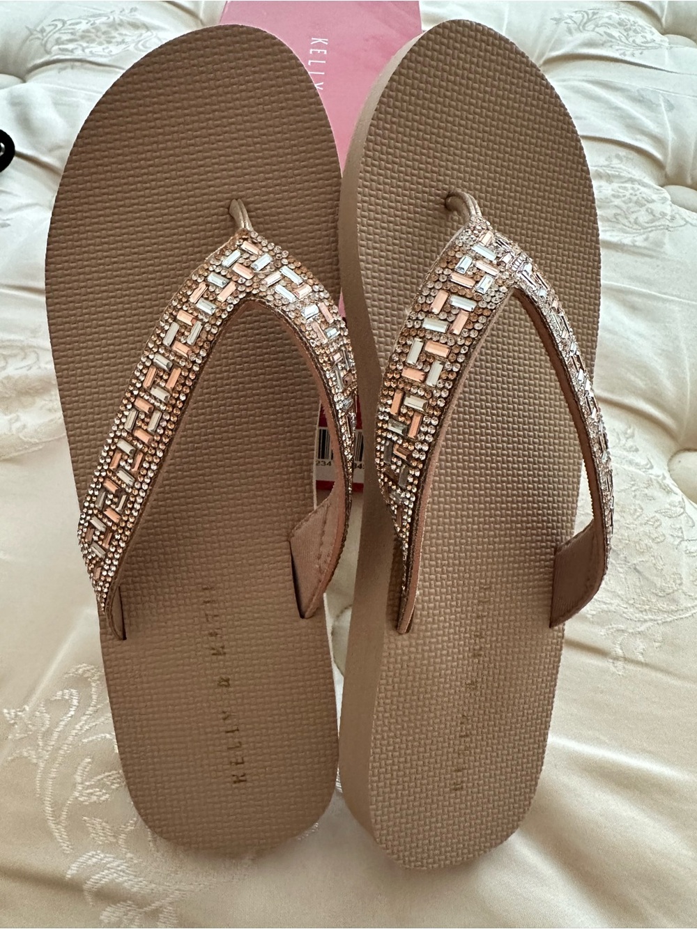 KELLY & KATIE Rose Gold Embellished Wedge Flip Flop Sandals